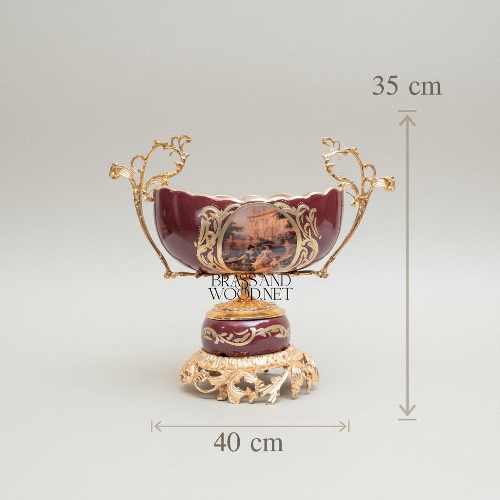 Rococo Hand-Painted Wine Ceramic Vase with Gilt Brass Acanthus Mounts & Scenic Cartouche