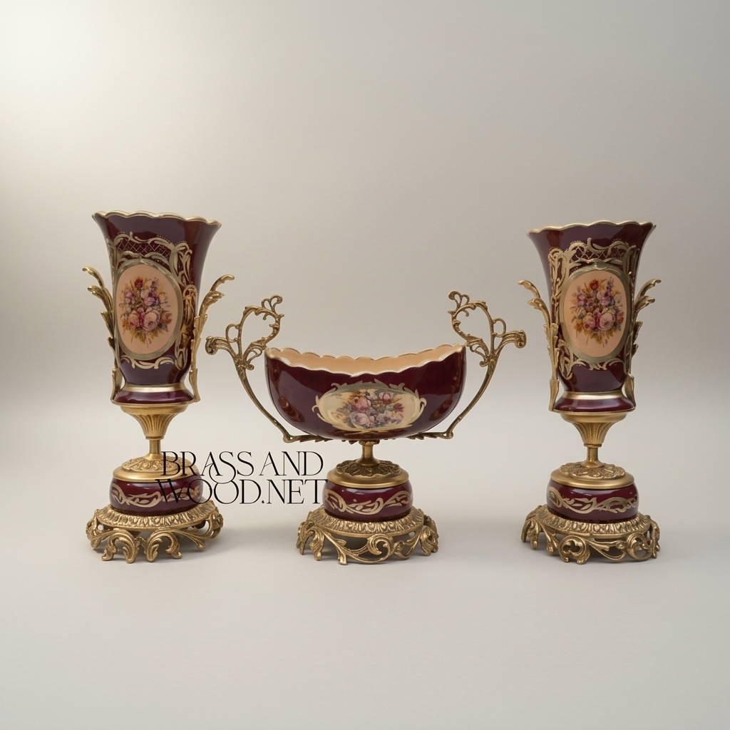 Rococo Hand-Painted Wine Ceramic Vase with Gilt Brass Acanthus Mounts & Scenic Cartouche — Antique Gold