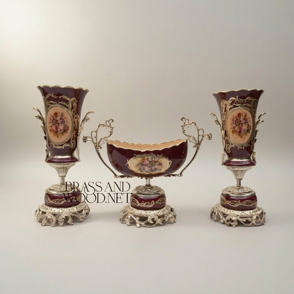 Rococo Hand-Painted Wine Ceramic Vase with Gilt Brass Acanthus Mounts & Scenic Cartouche — Silver