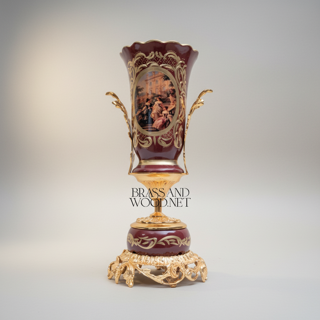 Rococo Hand-Painted Wine Ceramic Vase with Gilt Brass Acanthus Mounts & Scenic Cartouche — Gold
