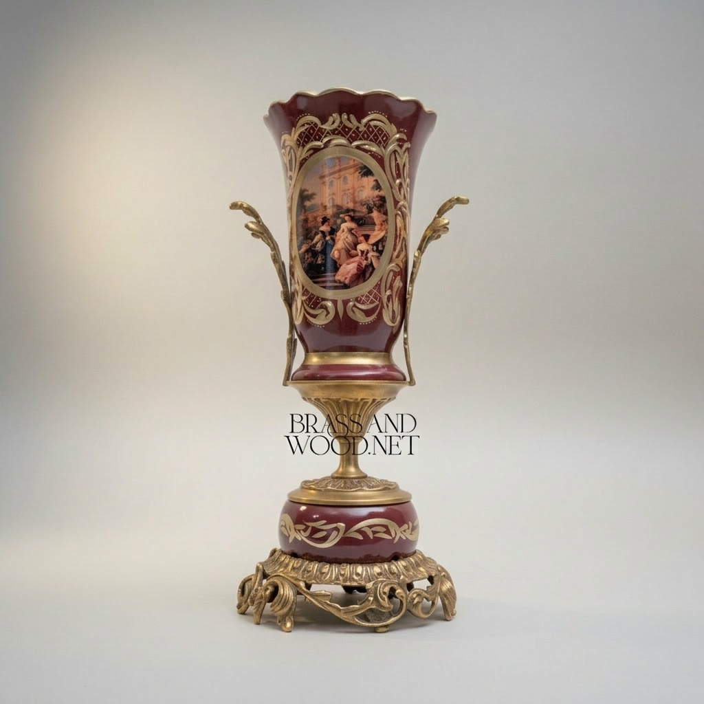 Rococo Hand-Painted Wine Ceramic Vase with Gilt Brass Acanthus Mounts & Scenic Cartouche — Antique Gold