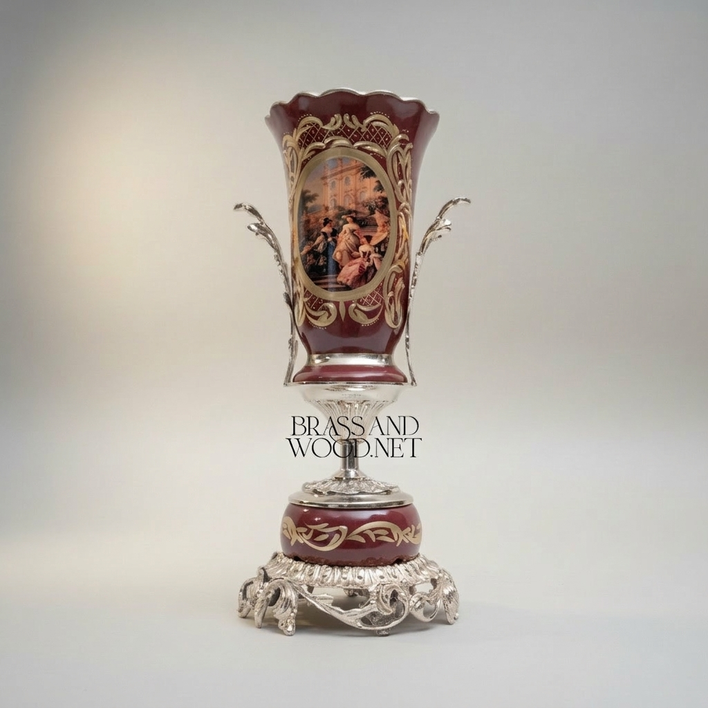 Rococo Hand-Painted Wine Ceramic Vase with Gilt Brass Acanthus Mounts & Scenic Cartouche — Silver