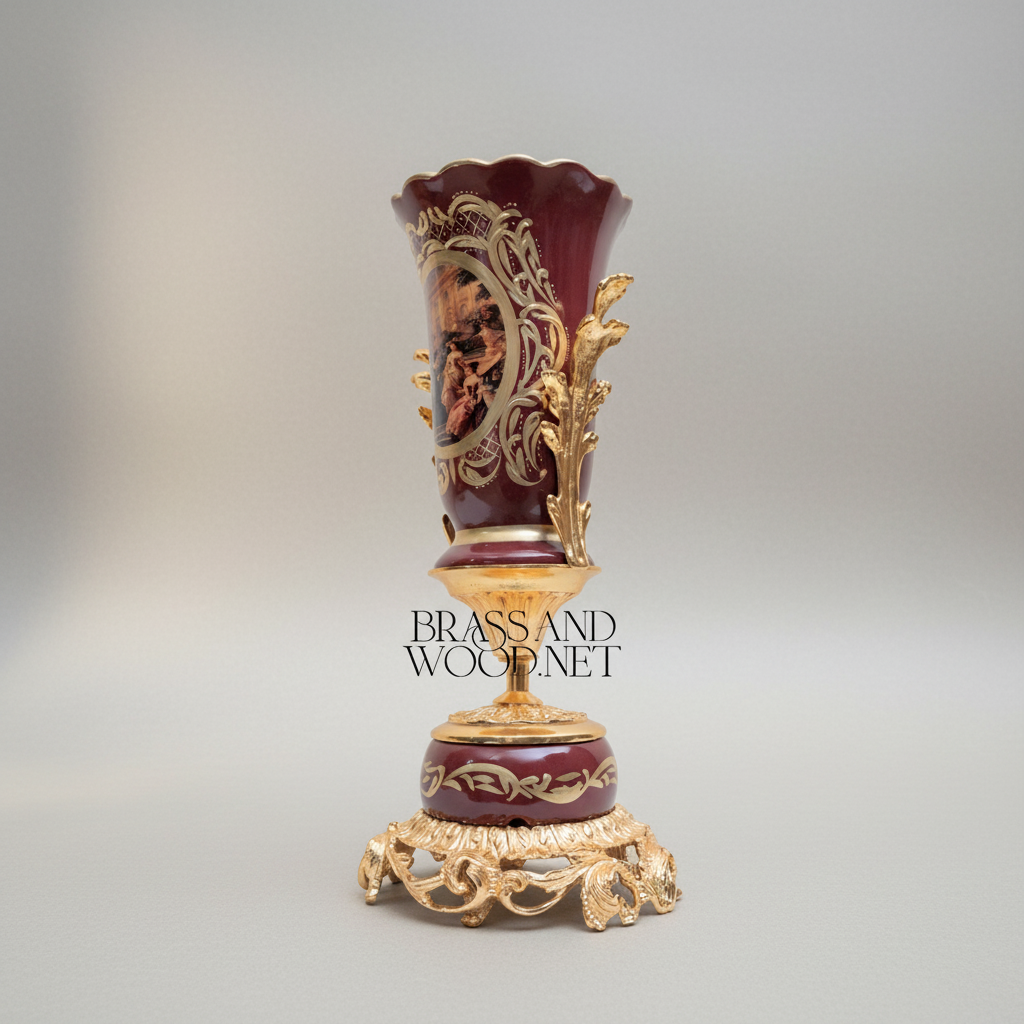 Rococo Hand-Painted Wine Ceramic Vase with Gilt Brass Acanthus Mounts & Scenic Cartouche