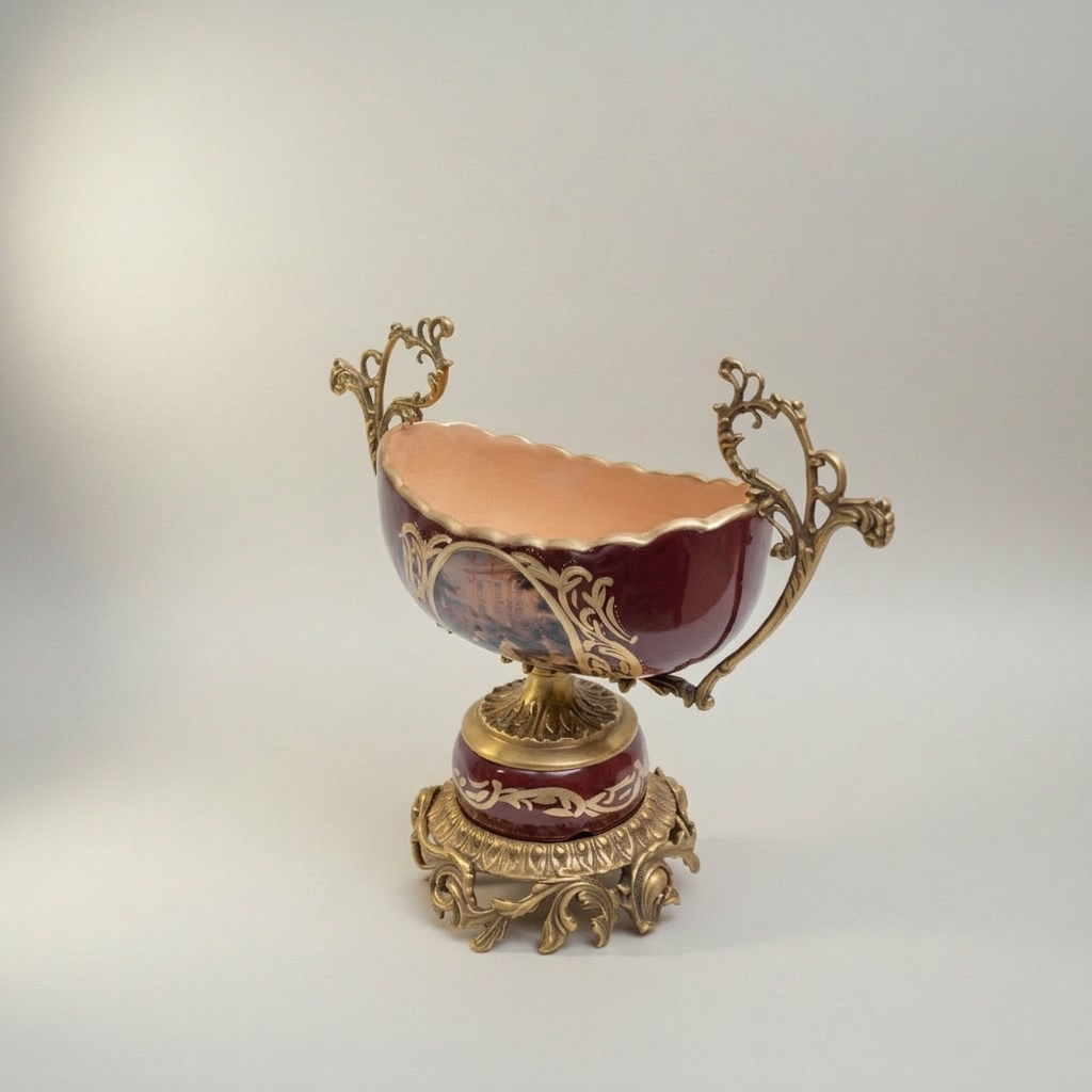 Rococo Hand-Painted Wine Ceramic Vase with Gilt Brass Acanthus Mounts & Scenic Cartouche — Antique Gold