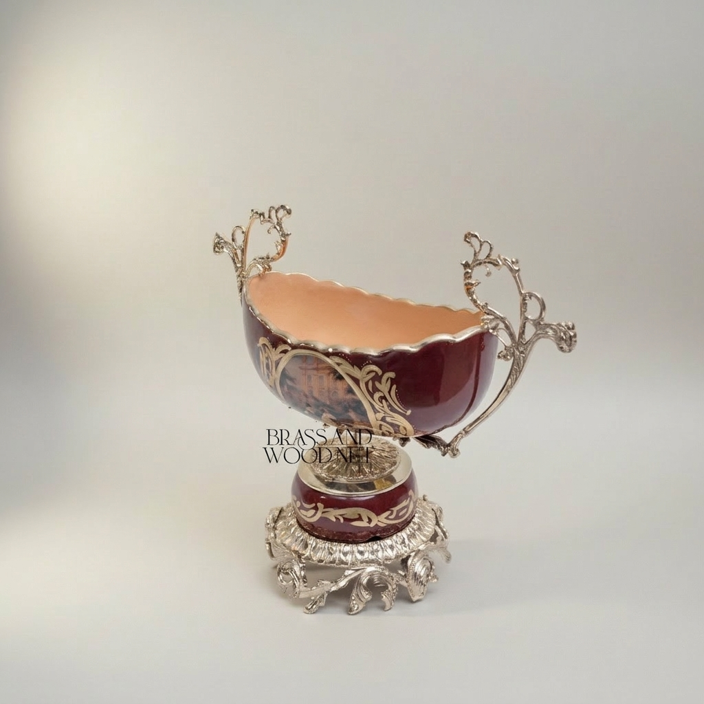 Rococo Hand-Painted Wine Ceramic Vase with Gilt Brass Acanthus Mounts & Scenic Cartouche — Silver