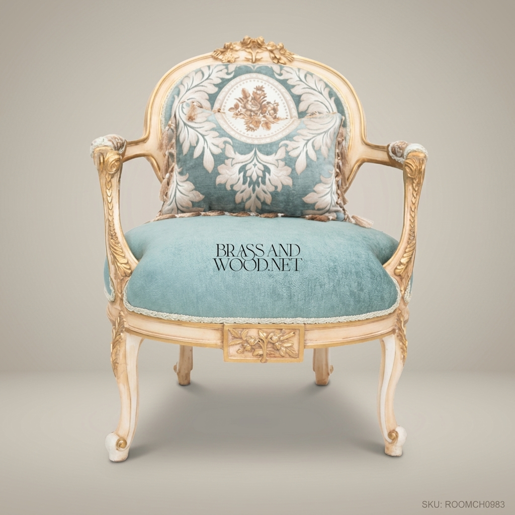 Louis XV Salon Armchair with Damask Backrest & Ivory Gilt Frame