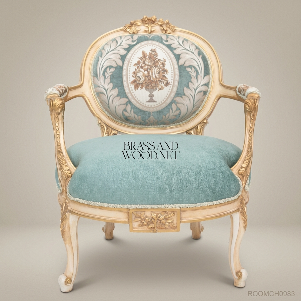 Louis XV Salon Armchair with Damask Backrest & Ivory Gilt Frame