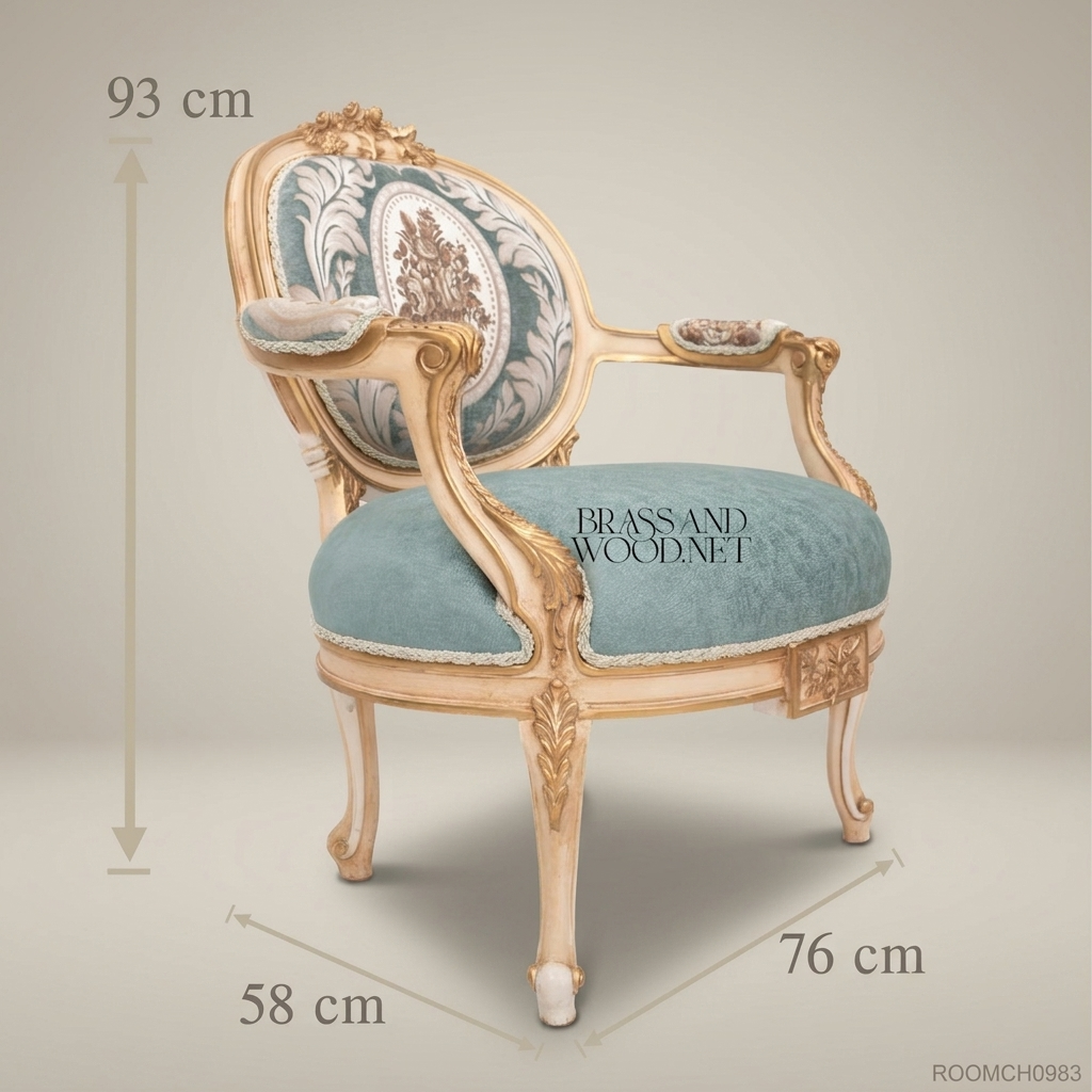 Louis XV Salon Armchair with Damask Backrest & Ivory Gilt Frame