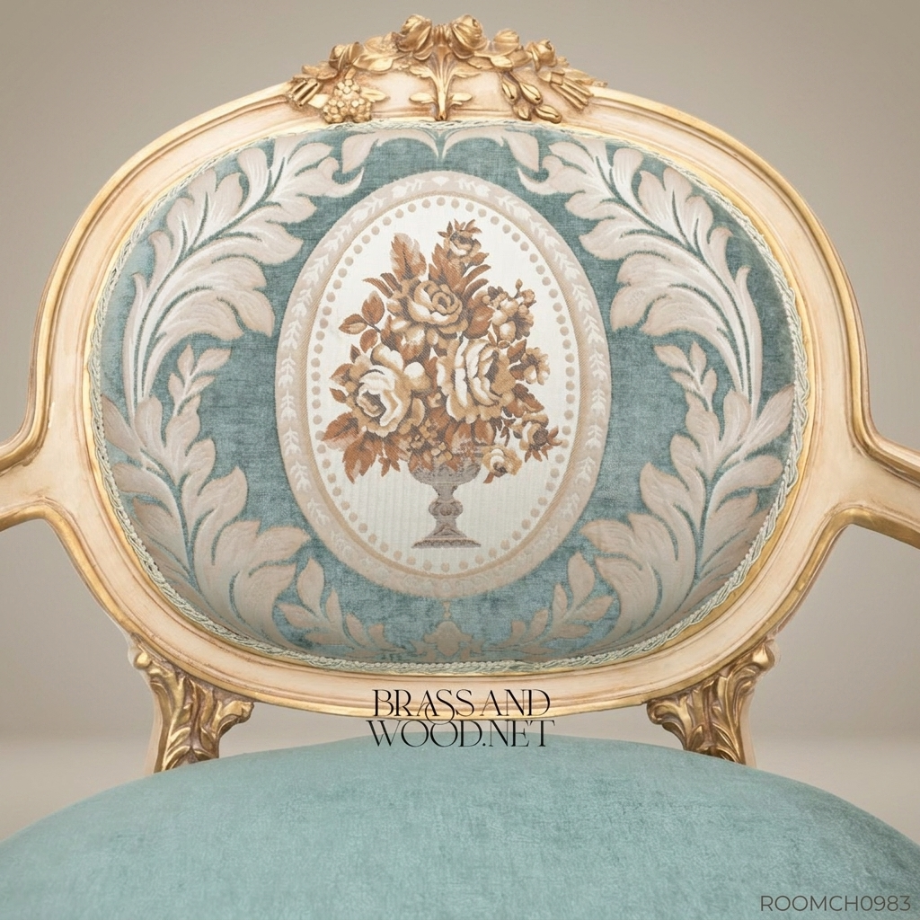 Louis XV Salon Armchair with Damask Backrest & Ivory Gilt Frame