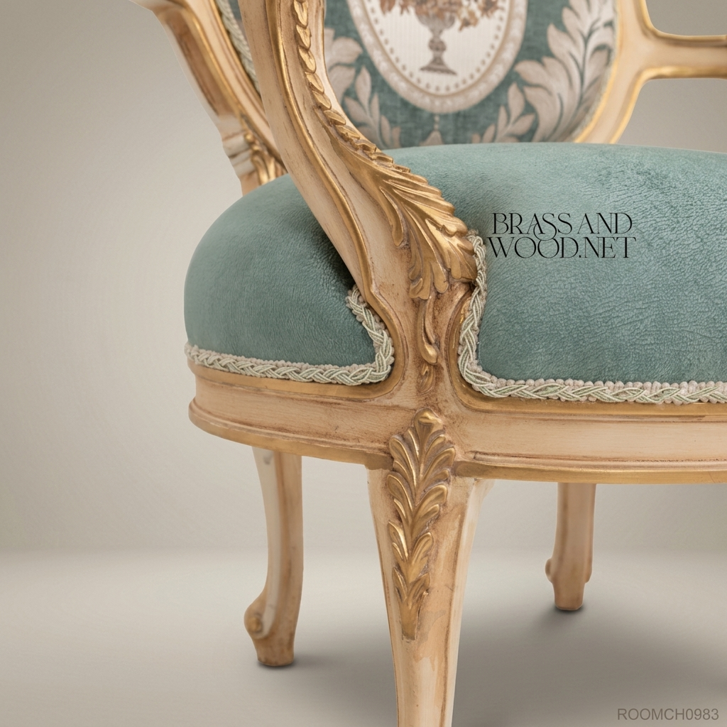 Louis XV Salon Armchair with Damask Backrest & Ivory Gilt Frame