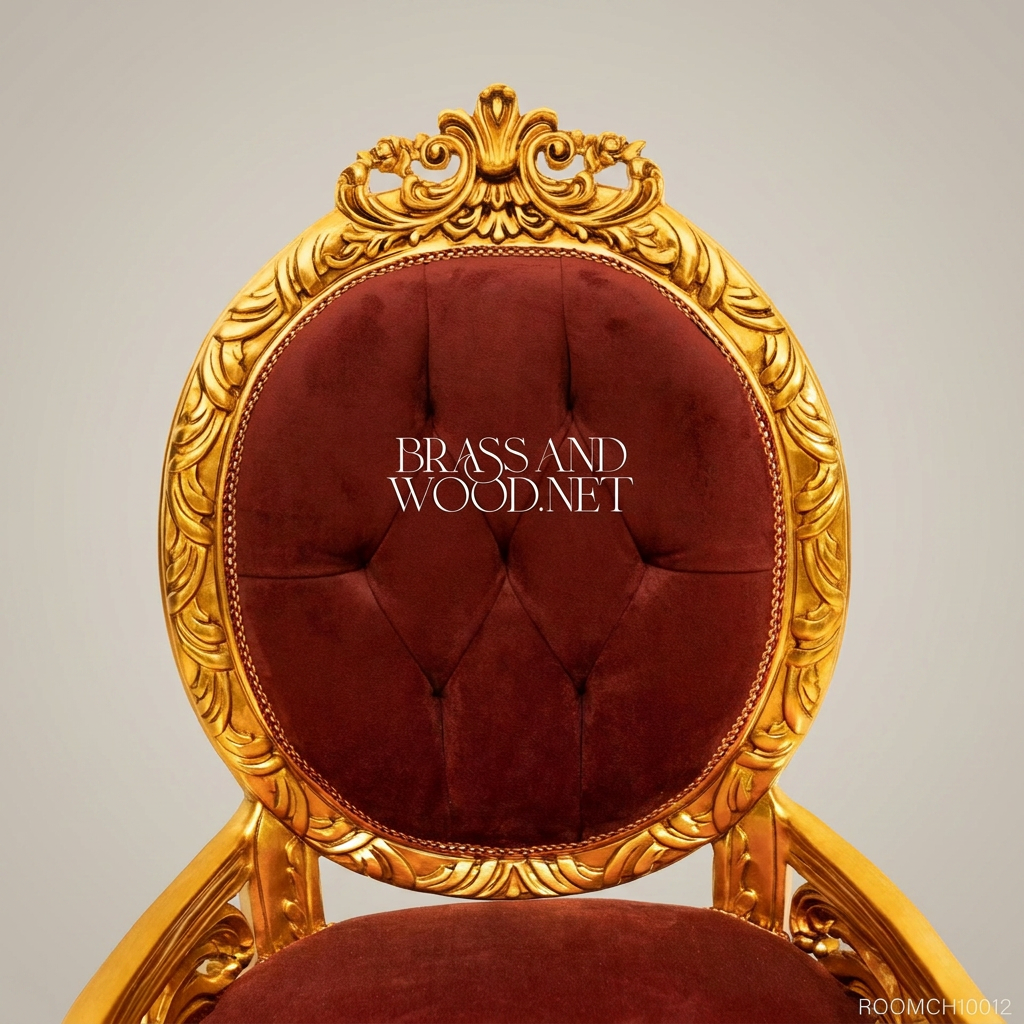 Brass & Wood Rococo Gold-Leaf Solid Wood Dining Chair with Burgundy Velvet Tufted Upholstery (Without Arms)