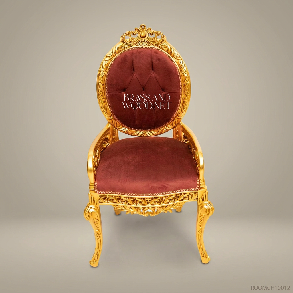 Brass & Wood Rococo Gold-Leaf Solid Wood Dining Chair with Burgundy Velvet Tufted Upholstery (Without Arms)