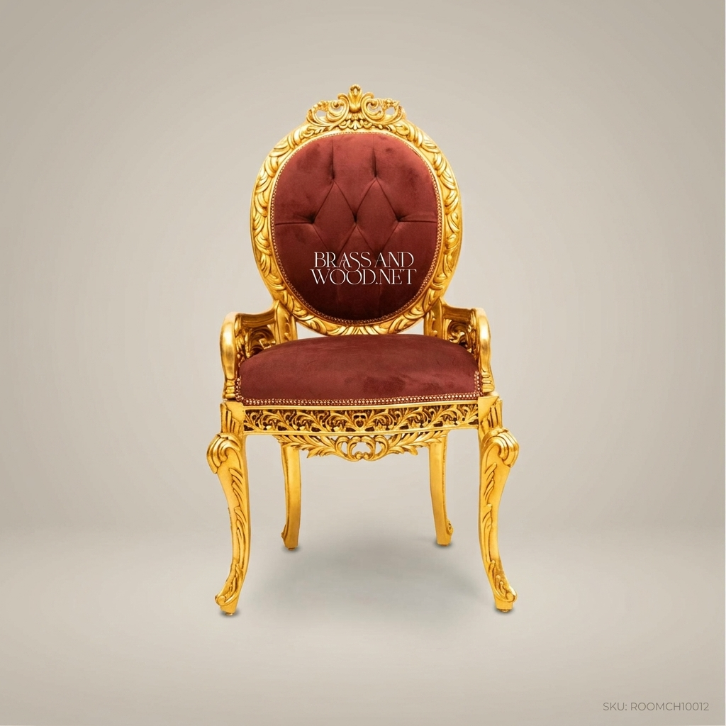 Brass & Wood Rococo Gold-Leaf Solid Wood Dining Chair with Burgundy Velvet Tufted Upholstery (Without Arms)