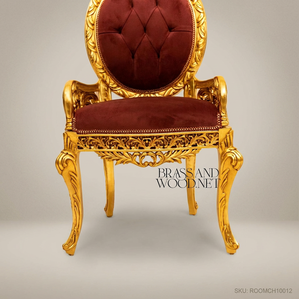 Brass & Wood Rococo Gold-Leaf Solid Wood Dining Chair with Burgundy Velvet Tufted Upholstery (Without Arms)