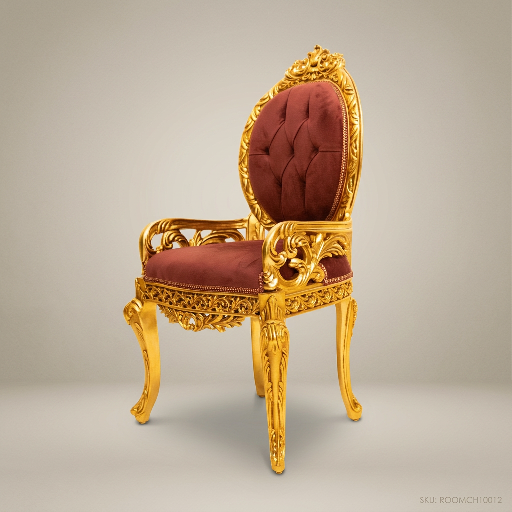 Brass & Wood Rococo Gold-Leaf Solid Wood Dining Chair with Burgundy Velvet Tufted Upholstery (Without Arms)