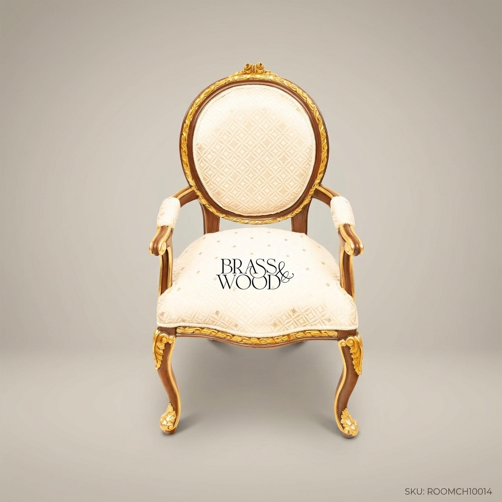 Brass & Wood Louis XV Medallion Dining Chair — With Arms