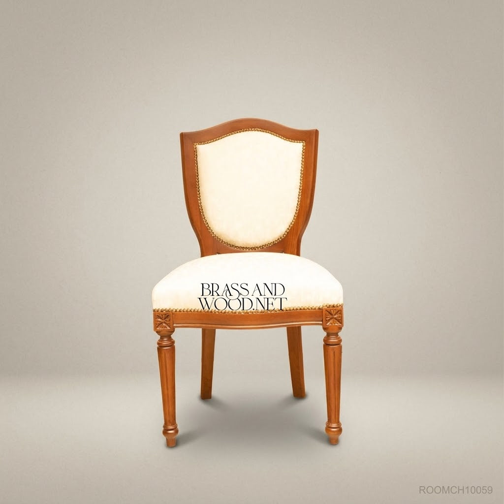 Brass & Wood Louis XVI Shield-Back Dining Chair in Ivory Damask & Warm Walnut Stain (Without Arms)