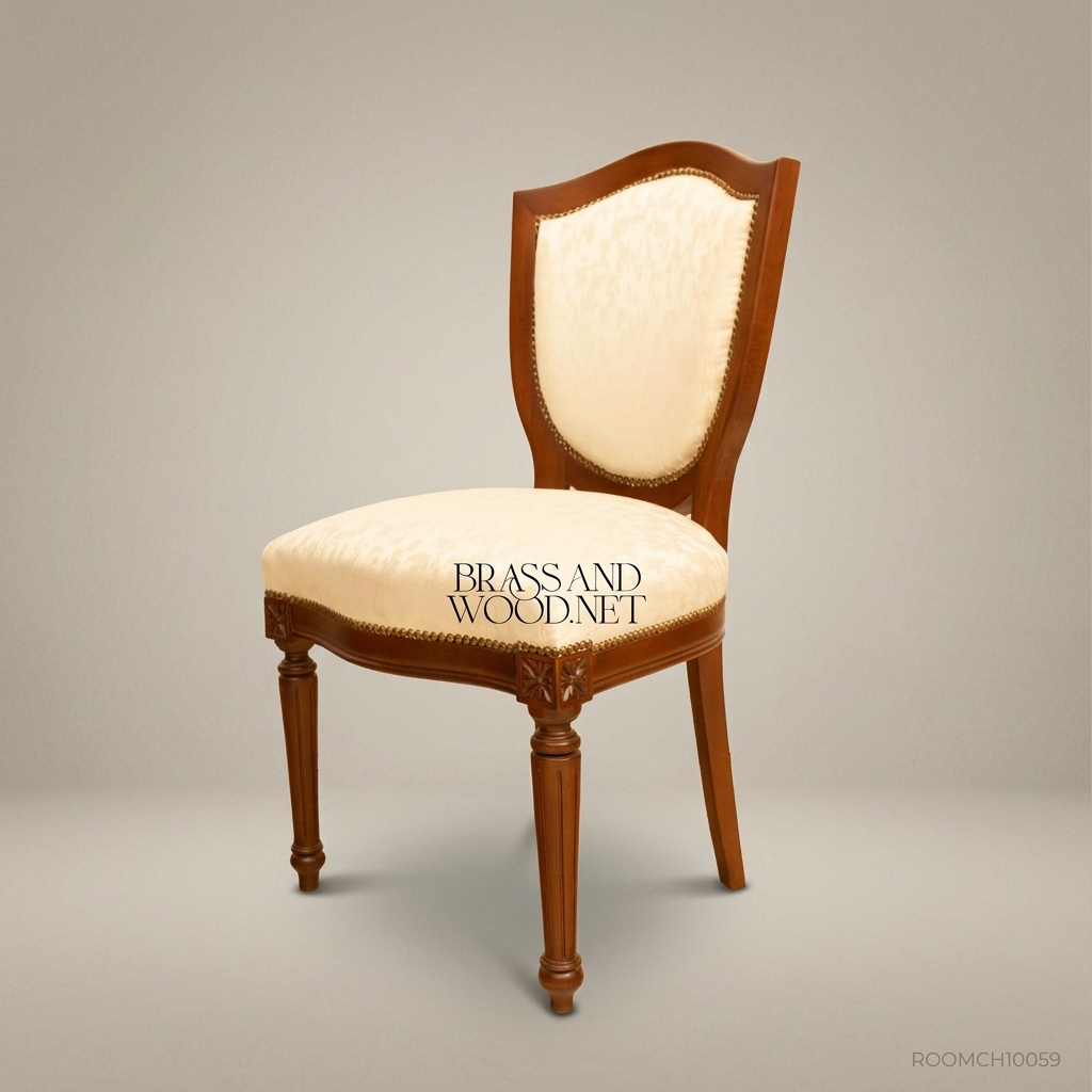 Brass & Wood Louis XVI Shield-Back Dining Chair in Ivory Damask & Warm Walnut Stain (Without Arms)