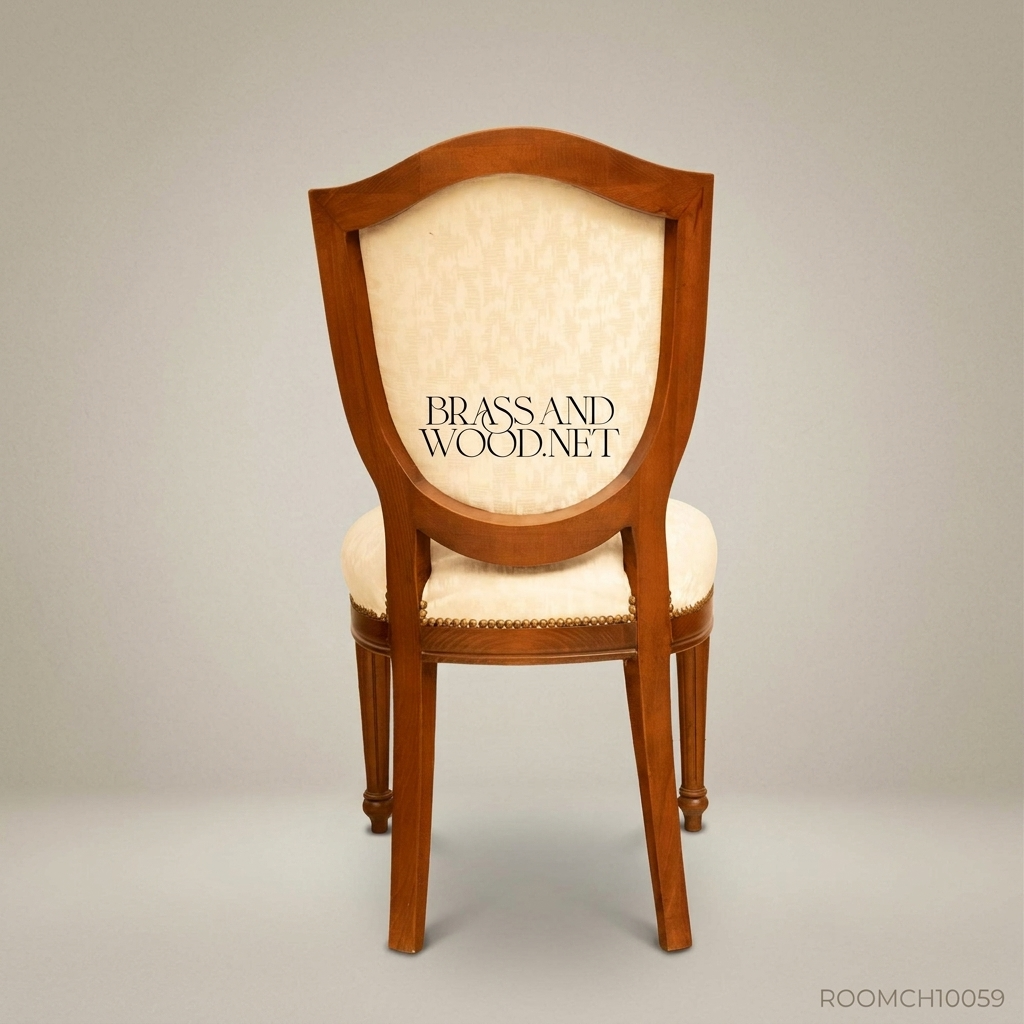 Brass & Wood Louis XVI Shield-Back Dining Chair in Ivory Damask & Warm Walnut Stain (Without Arms)