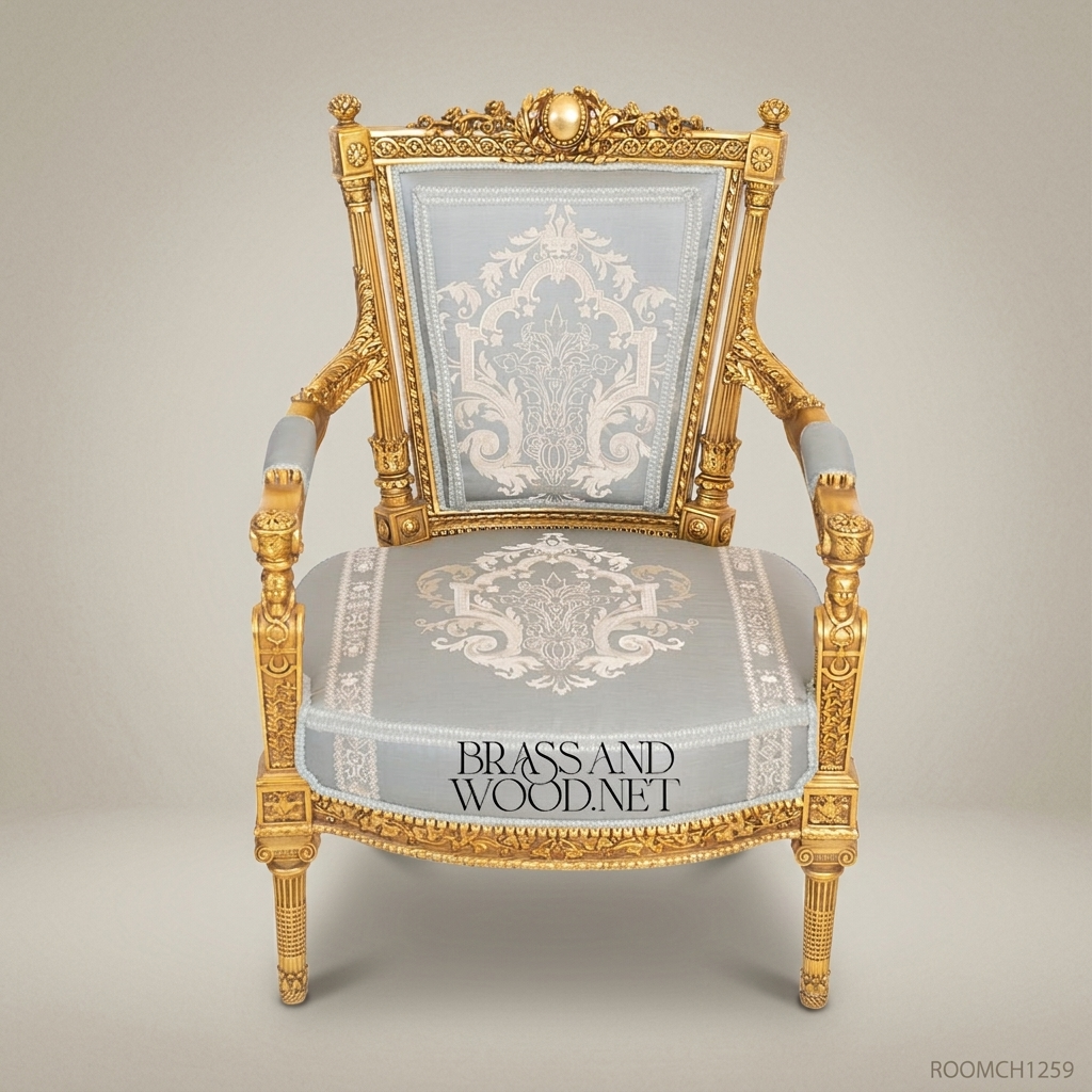 Louis XVI Gilded Salon Armchair with Damask Upholstery