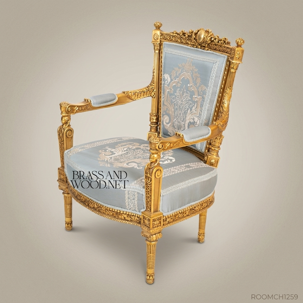 Louis XVI Gilded Salon Armchair with Damask Upholstery