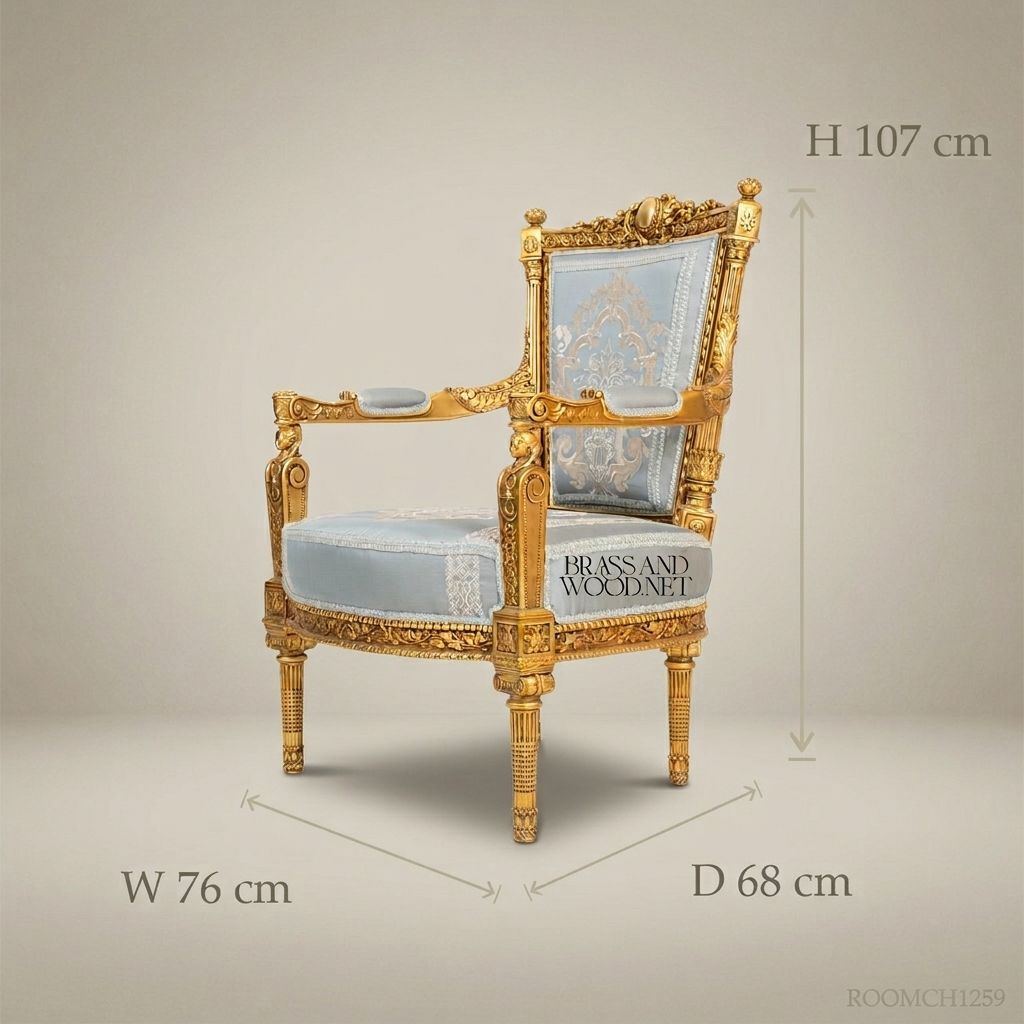 Louis XVI Gilded Salon Armchair with Damask Upholstery