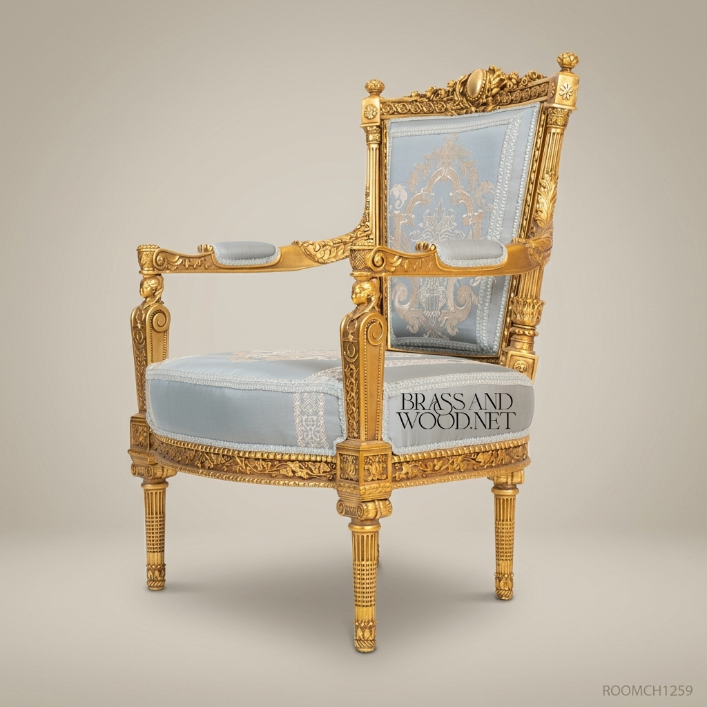 Louis XVI Gilded Salon Armchair with Damask Upholstery