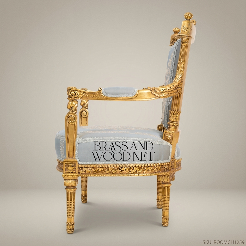 Louis XVI Gilded Salon Armchair with Damask Upholstery