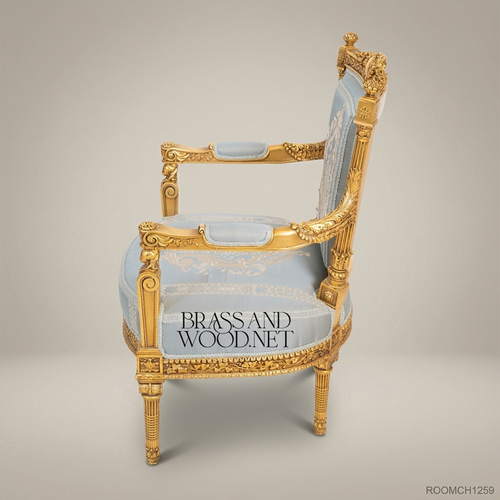 Louis XVI Gilded Salon Armchair with Damask Upholstery