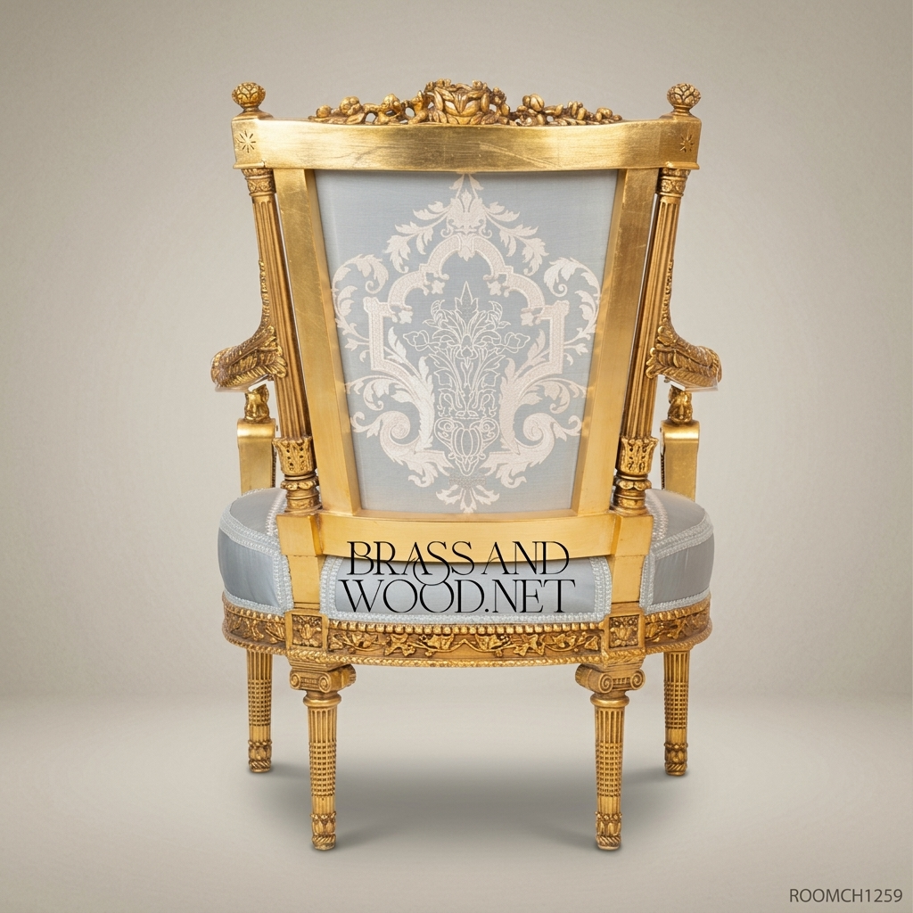 Louis XVI Gilded Salon Armchair with Damask Upholstery