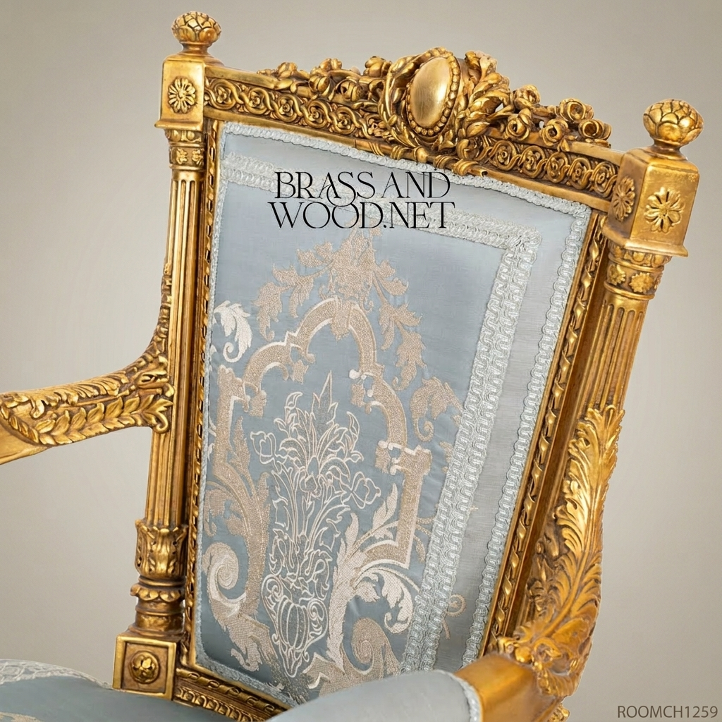 Louis XVI Gilded Salon Armchair with Damask Upholstery