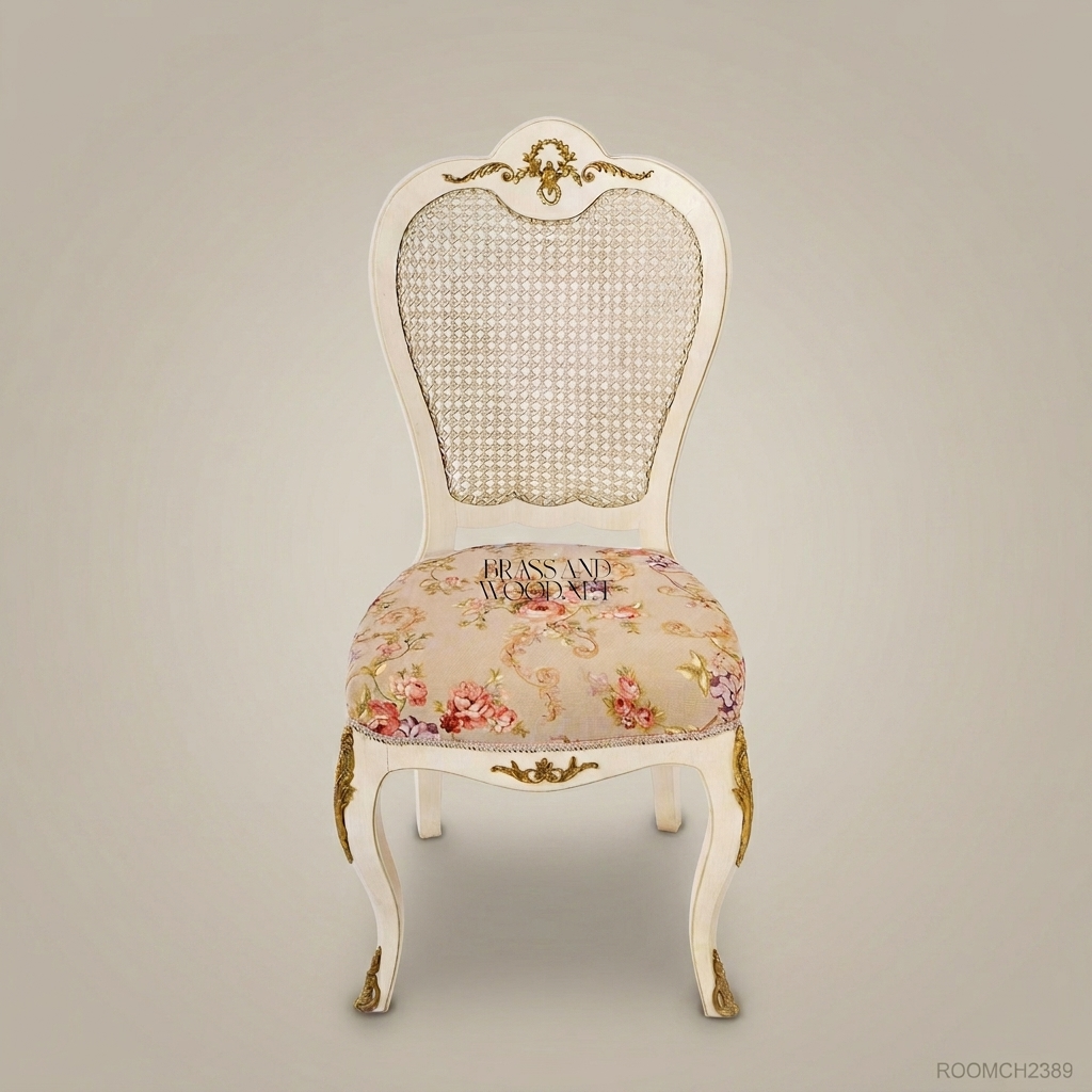 Louis XV Cane-Back Dining Chair with Floral Tapestry & Gilt Brass Accents (Without Arms)