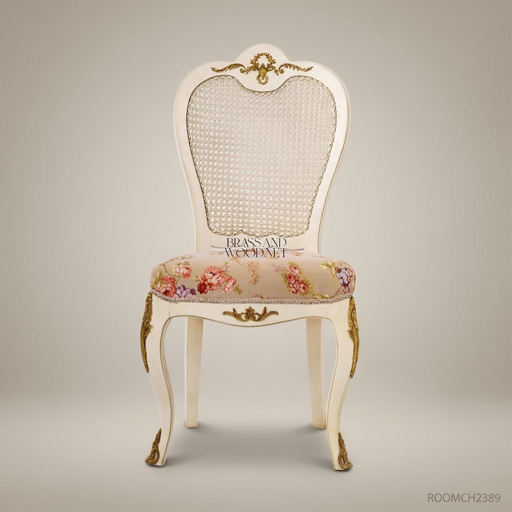Louis XV Cane-Back Dining Chair with Floral Tapestry & Gilt Brass Accents (Without Arms)