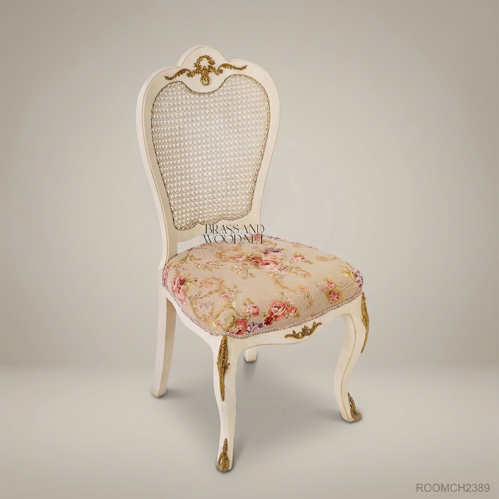 Louis XV Cane-Back Dining Chair with Floral Tapestry & Gilt Brass Accents (Without Arms)