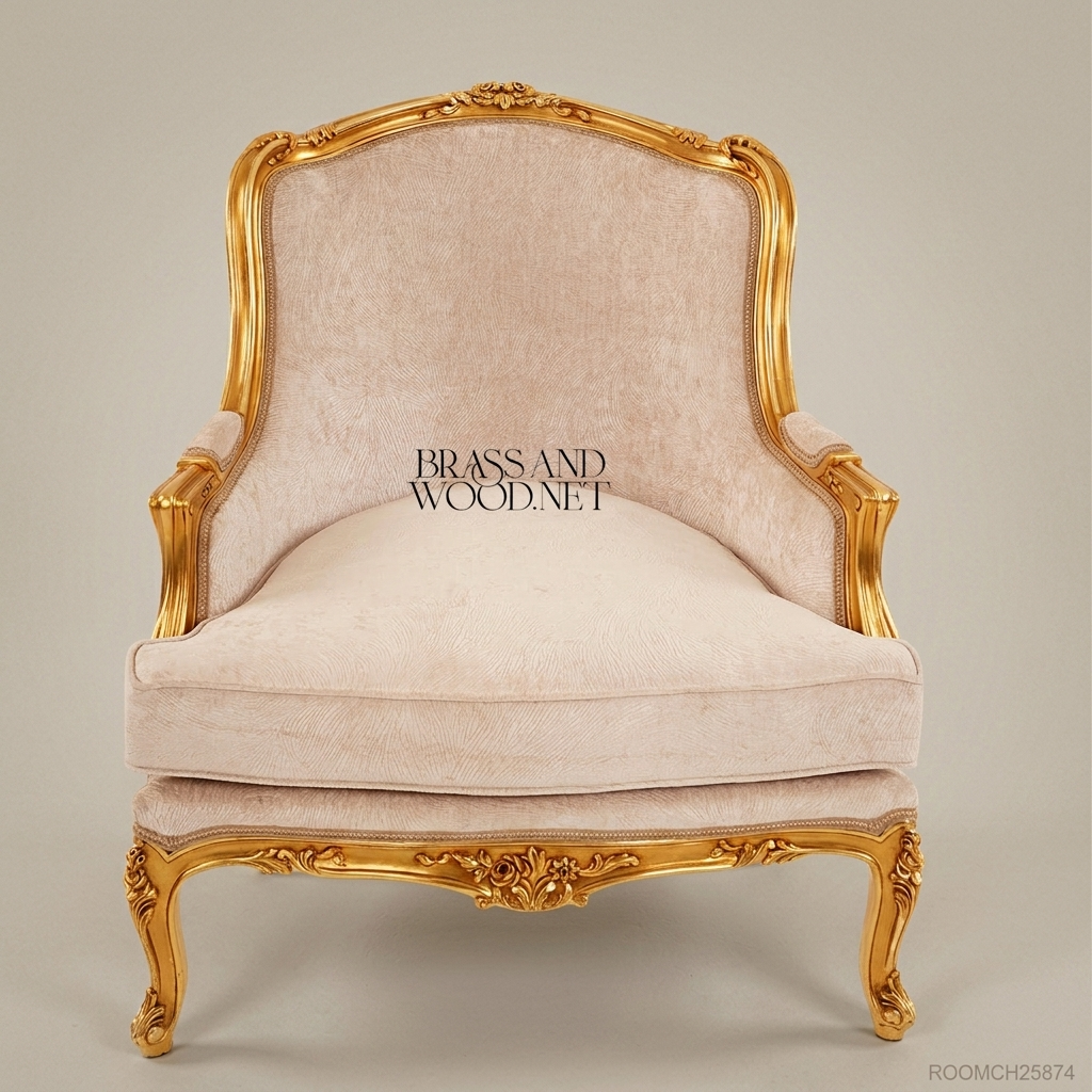 Louis XV Bergère Salon Chair – Gilded Frame & Champagne Velvet