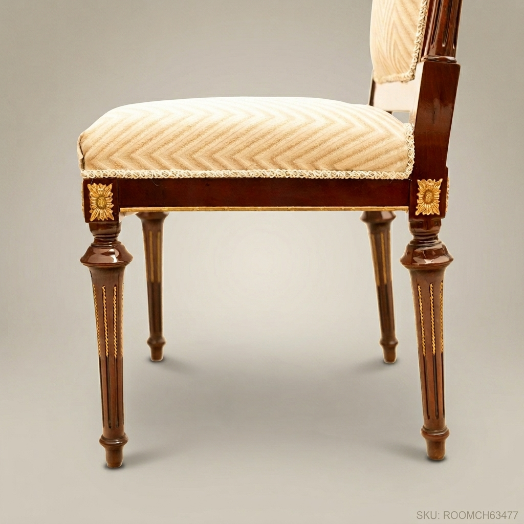 Empire Style Solid Wood Dining Chair with Gilt Bronze Mounts & Chevron Upholstery (Without Arms)