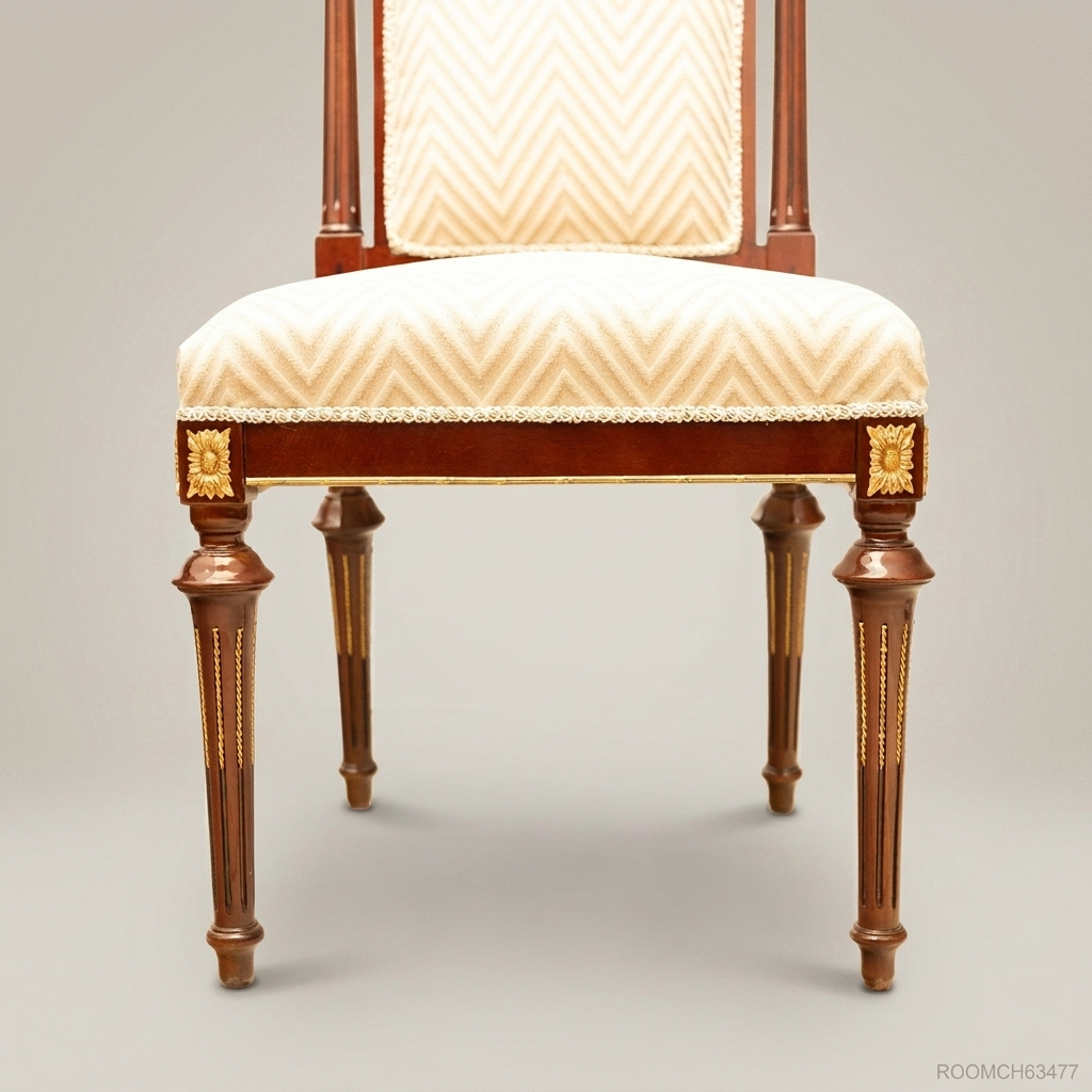 Empire Style Solid Wood Dining Chair with Gilt Bronze Mounts & Chevron Upholstery (Without Arms)