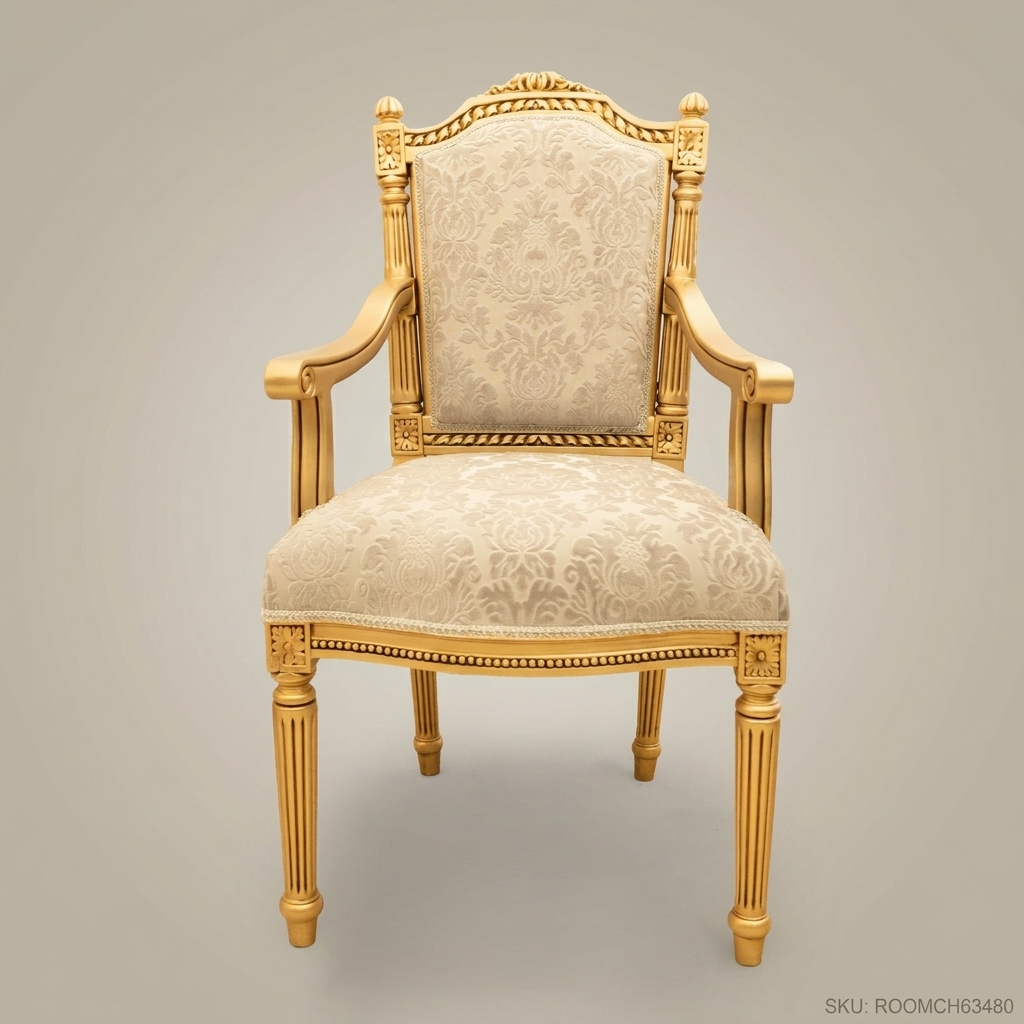 Brass & Wood Louis XVI Damask Dining Chair — With Arms