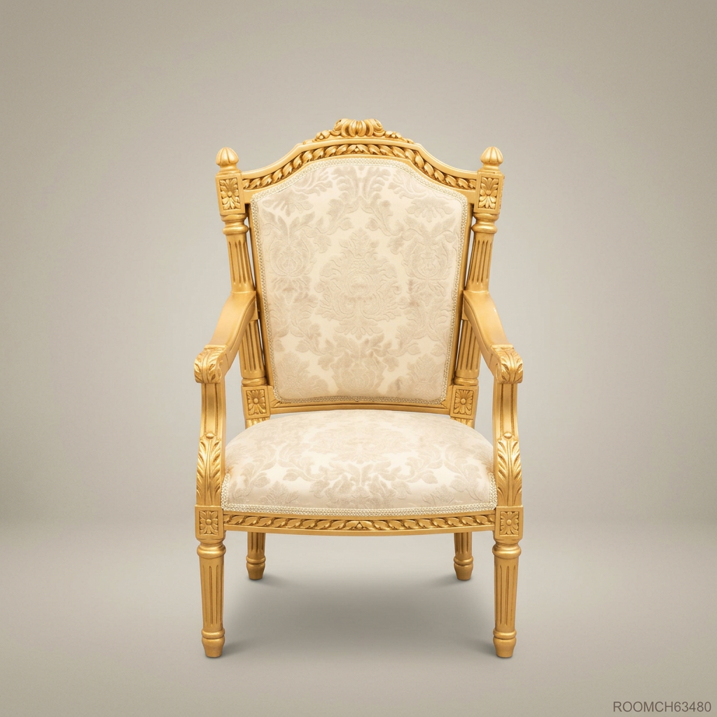Brass & Wood Louis XVI Damask Dining Chair — With Arms