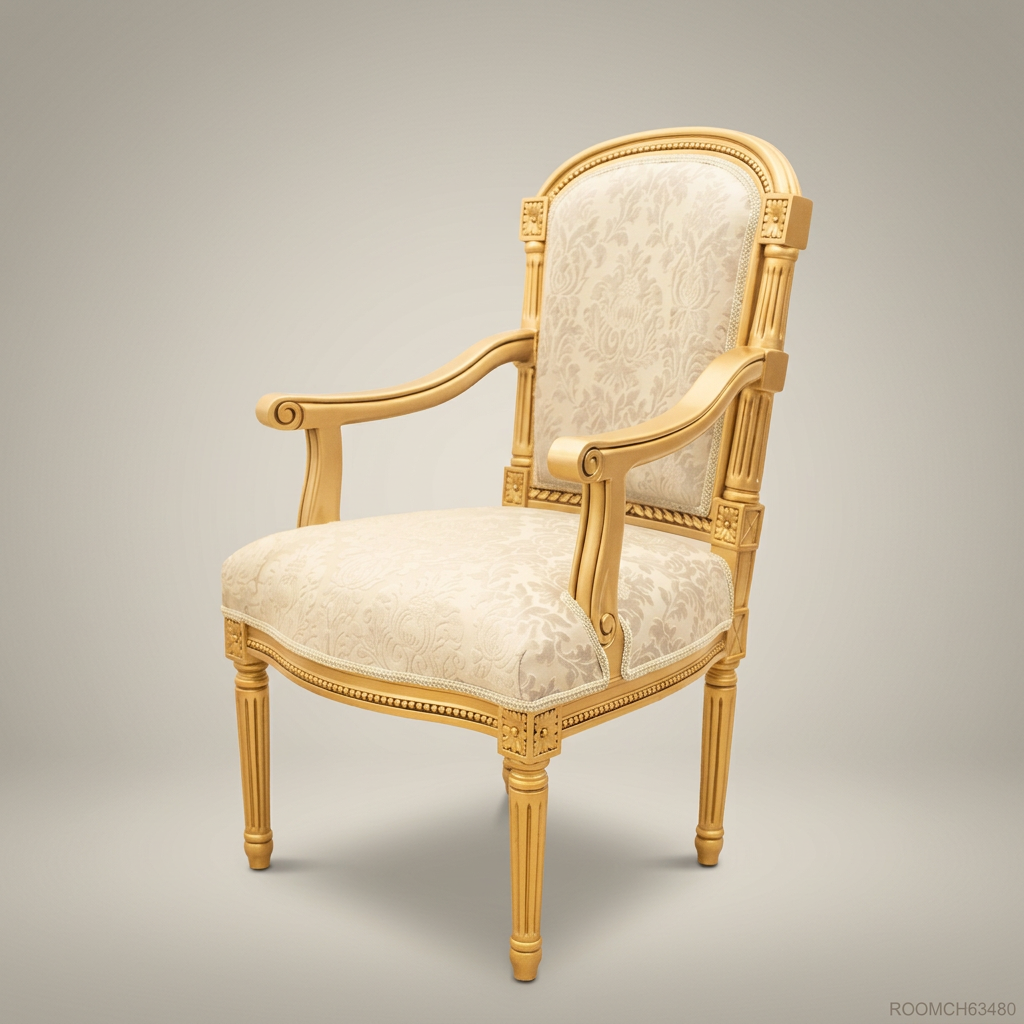 Brass & Wood Louis XVI Damask Dining Chair — With Arms