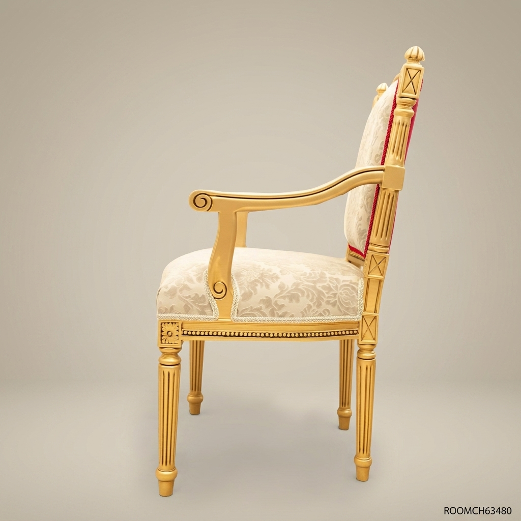 Brass & Wood Louis XVI Damask Dining Chair — With Arms