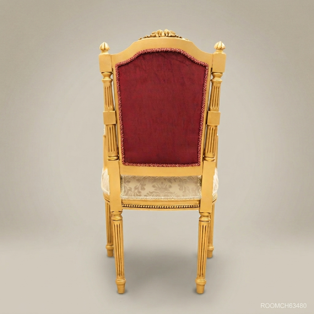 Brass & Wood Louis XVI Damask Dining Chair — With Arms