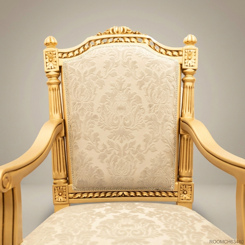 Brass & Wood Louis XVI Damask Dining Chair — With Arms