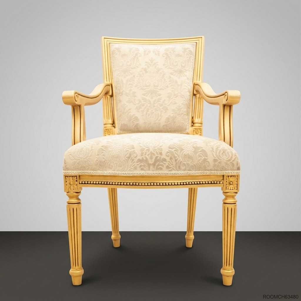 Brass & Wood Louis XVI Damask Dining Chair — With Arms