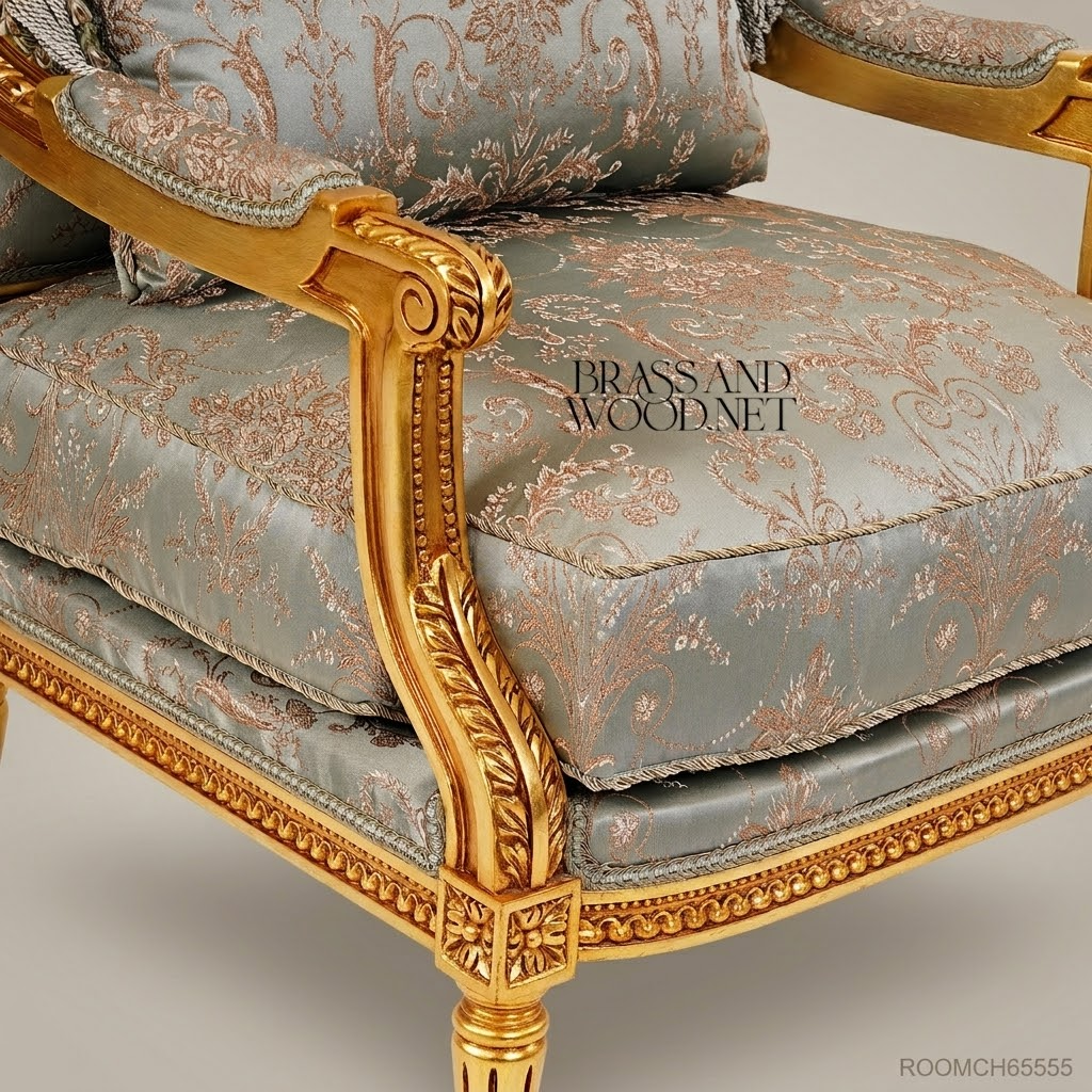 Louis XVI Gilded Salon Armchair with Damask Upholstery