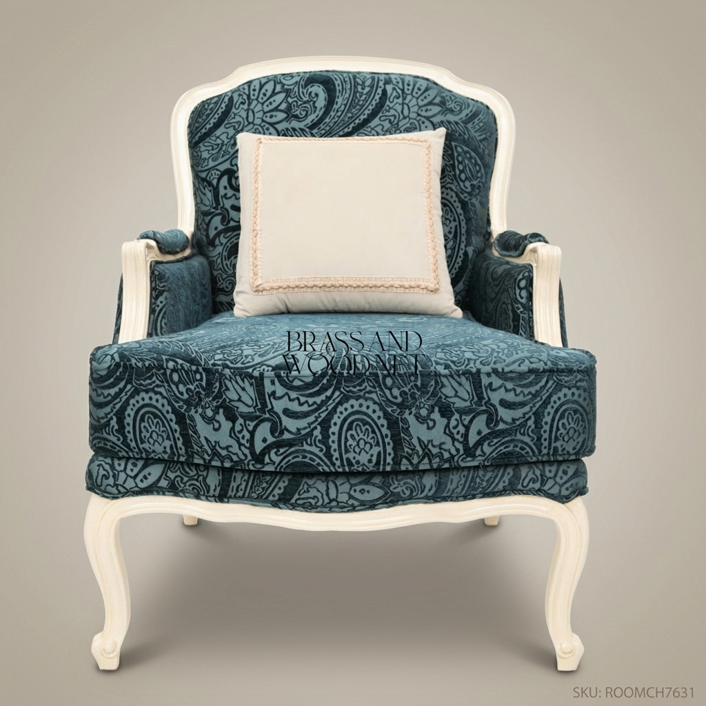 Louis XV Bergère Salon Chair – Teal Paisley Fabric & Ivory Lacquer Frame