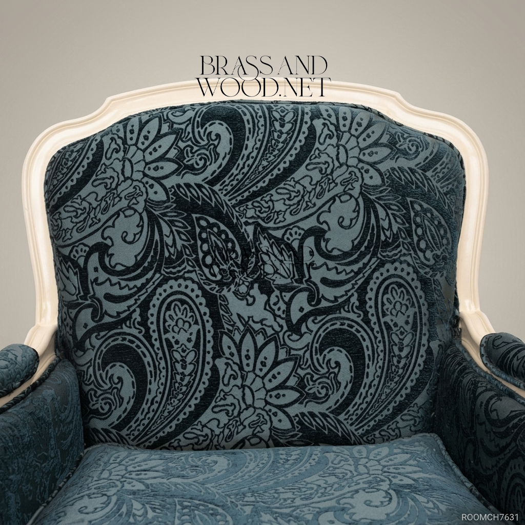 Louis XV Bergère Salon Chair – Teal Paisley Fabric & Ivory Lacquer Frame