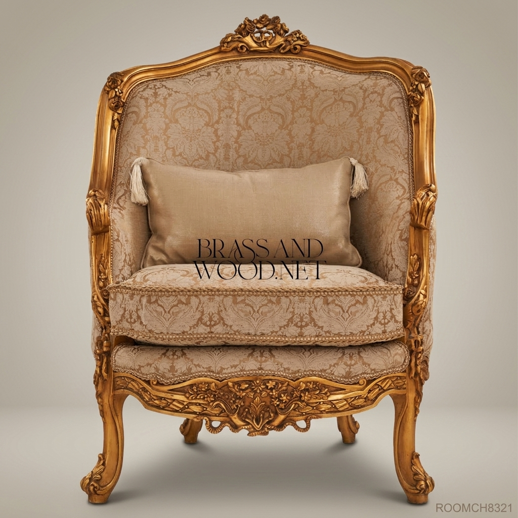Louis XV Bergère Salon Chair – Gilded Wood & Damask Upholstery
