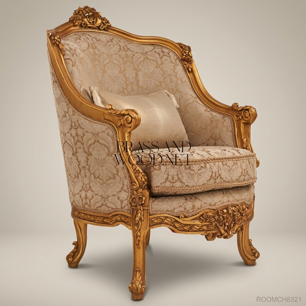 Louis XV Bergère Salon Chair – Gilded Wood & Damask Upholstery