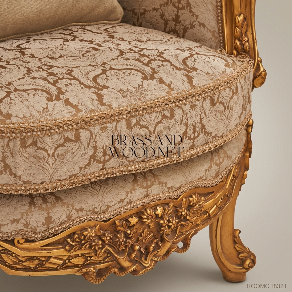 Louis XV Bergère Salon Chair – Gilded Wood & Damask Upholstery